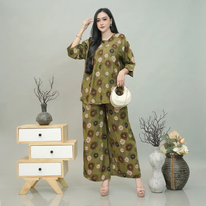 One Set Daily Setelan Rayon Wanita Lengan 3/4 Dewasa Resleting Rayon Premium 2