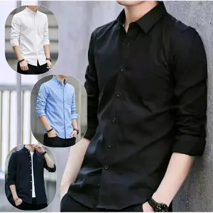 Kemeja Polos Pria Lengan Panjang Katun Premium Baju Kerja Kampus Kondangan Kantor Formal Casual Santai Nyaman Simple Navy Putih Hitam Slimfit kerah Kancing Variasi Hem