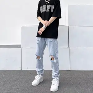 Celana Jeans Pria Sobek Lutut Hitam & Biru | Korean Style Slim Fit, Modis & Nyaman Sehari-hari