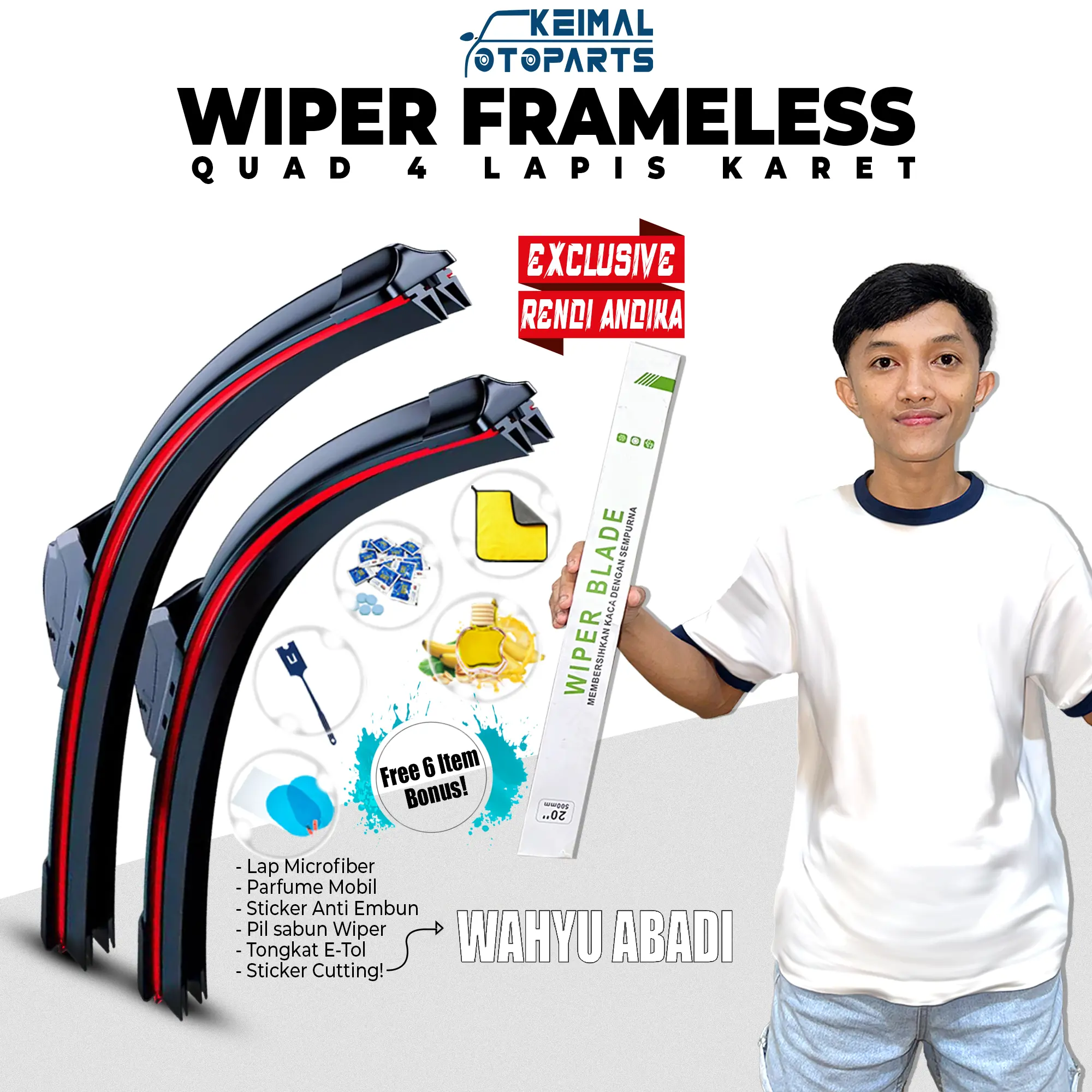 [EXCLUSIVE RENDI ANDIKA] Wiper Quad 4 Lapis Karet Free Sticker Cutting Wahyu Abadi 5 Bonus Item Universal Untuk Semua Jenis Mobil