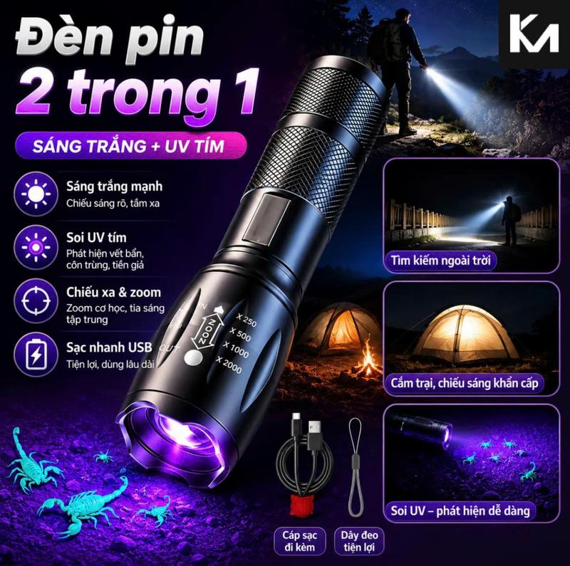 Đèn Pin Kết Hợp Đèn UV Cực Tím, Đèn Pin Ánh Sáng Mạnh, Cầm Tay, Có Thể Sạc Lại, Thích Hợp Chiếu Sáng Ngoài Trời Hoặc Không Gian Tối