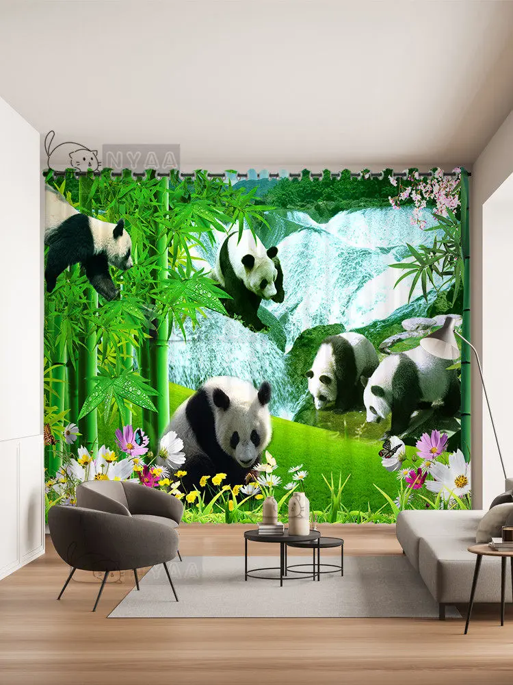 Kain tirai motif panda raksasa, bambu, latar belakang hijau, dekorasi kebun binatang, kain untuk ruang tamu, tirai jendela lantai