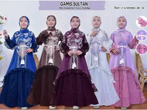 KidsCenter - Gamis Sultan Mix Chantily Full Puring  Free Belt Anak Perempuan Usia 3 - 12 Tahun / Baju Gamis Raya Anak Orang Viral - Fashion Muslim Raya Anak Free Hijab