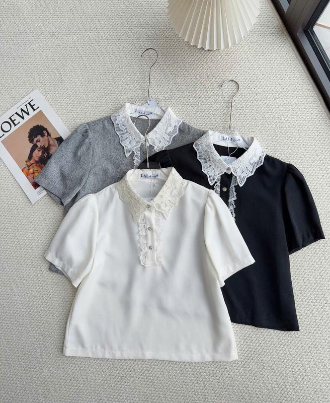 Áo Sơ Mi Croptop Đũi Sợi Cổ Ren Bổ Trụ 3 Khuy Lala Fashion Mã 4885