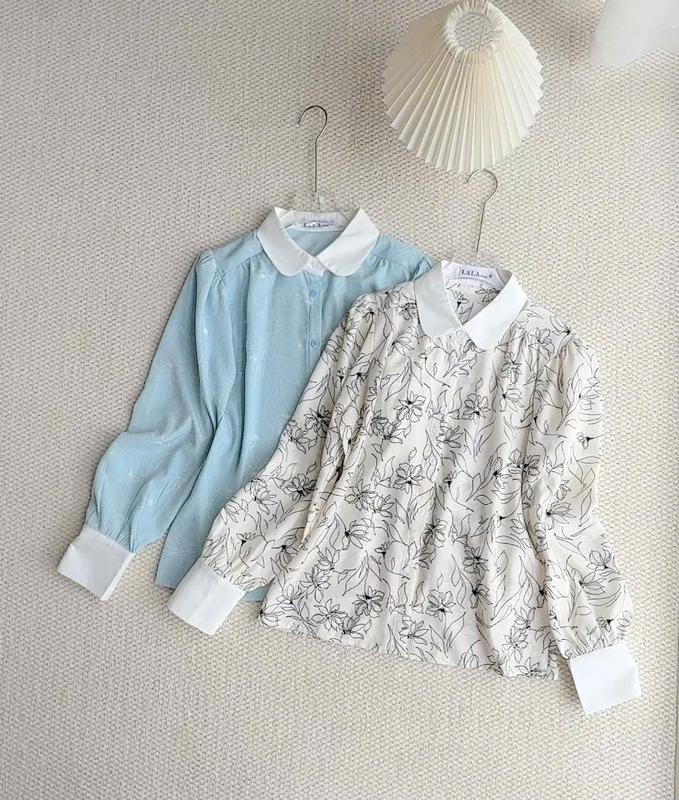 Áo Sơ Mi Lụa Họa Tiết Cổ Sen Phối Trắng Tay Dài Lala Fashion Mã 4153A