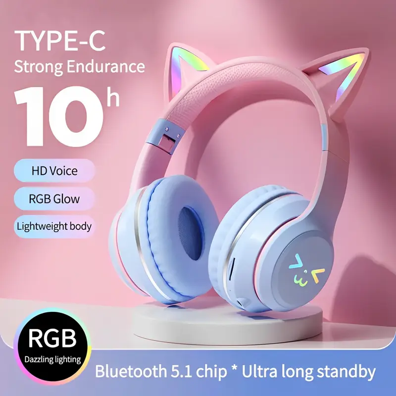 Headphone RGB Headset Hadiah Anak Perempuan Kucing Lucu dengan