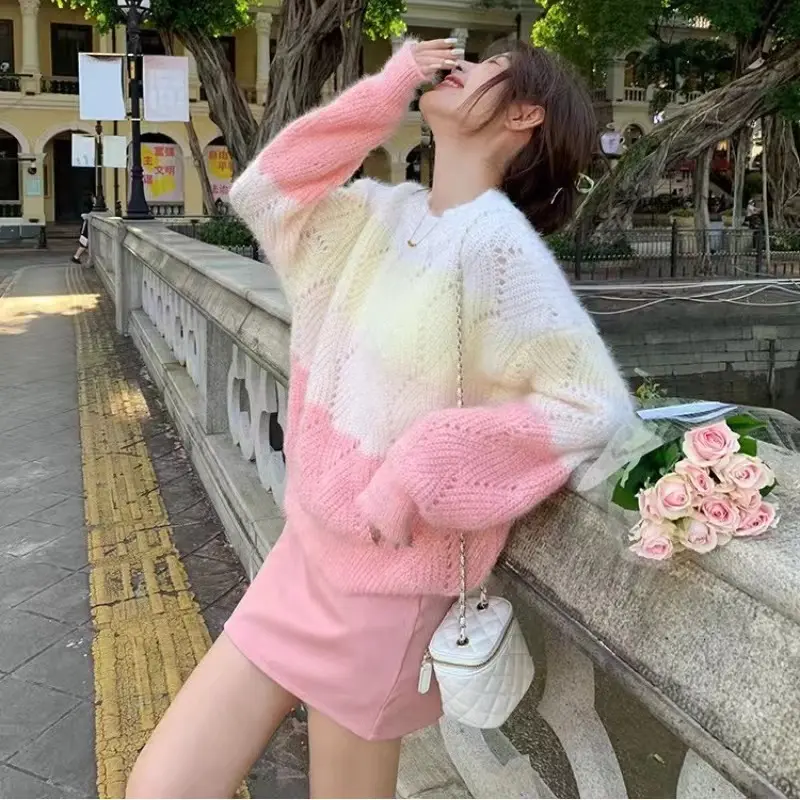 Sweater Rajut Wanita Rainbow Pelangi Lengan Panjang Pullover Leher Bulat Korea 4