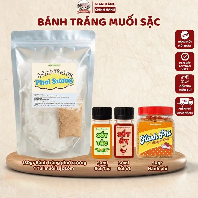 Combo Bánh Tráng Phơi Sương Muối Sặc, Hành Phi, Sốt Tac, Sốt Ớt Rim Mật Ong, Đồ Ăn Vặt Snack Food banhtrang pho banh trang