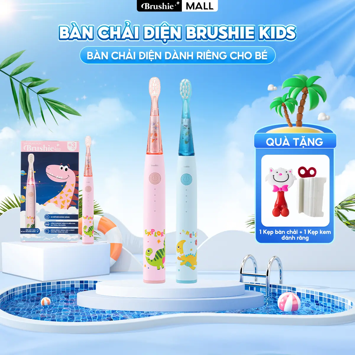 [SIÊU SALE] Bàn chải điện trẻ em Brushie Kids đầu lông bàn chải mềm mại an toàn cho bé - TẶNG Kẹp kem đánh răng + kẹp bàn chải