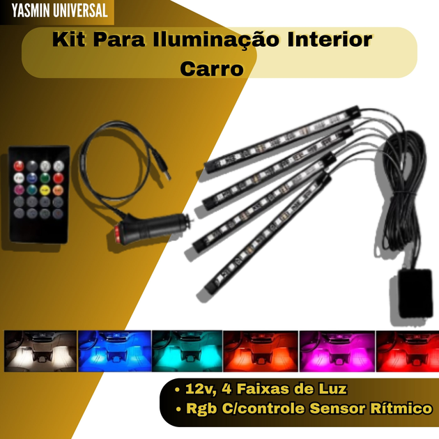 Kit Para Iluminação Interior Carro Luz Led Neon Rgb C/controle Sensor Rítmico 12v 4 Faixas de Luz