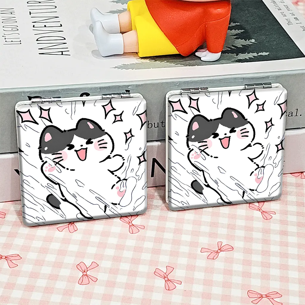 Portable Foldable Makeup Mirror, cute catstarcheek blush Pattern, Mini Hand Cosmetic Mirror, Student Pocket Mirror, Trendy Compact Mirror, Cute, Double Sided Mirror, Non-Slip Handheld