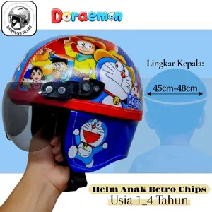 Helm Anak Retro Chips Motif DORAEMON Usia 1-4 Tahun Lingkar Kepala 45cm-48cm untuk Keamanan dan Kenyamanan Motorcycle