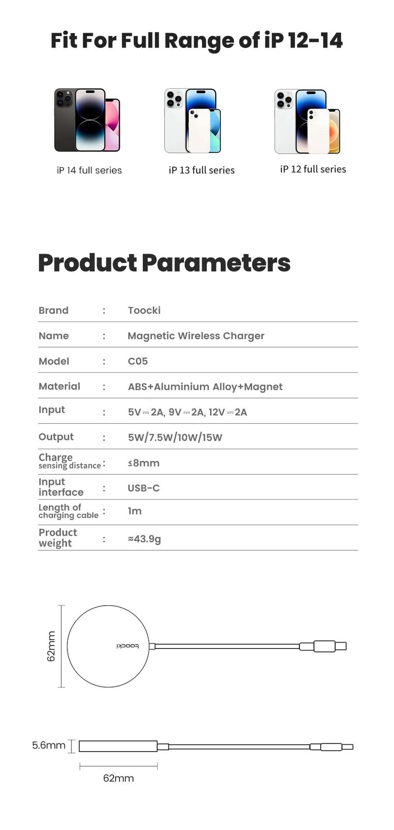 Product Introduction of Toocki 15W Magnetic Wireless Charger For iPhone 14 QI Fast Wireless Charging Pad For iPhone 13 12 Ultra Thin 5.5mm Phone Charger 5