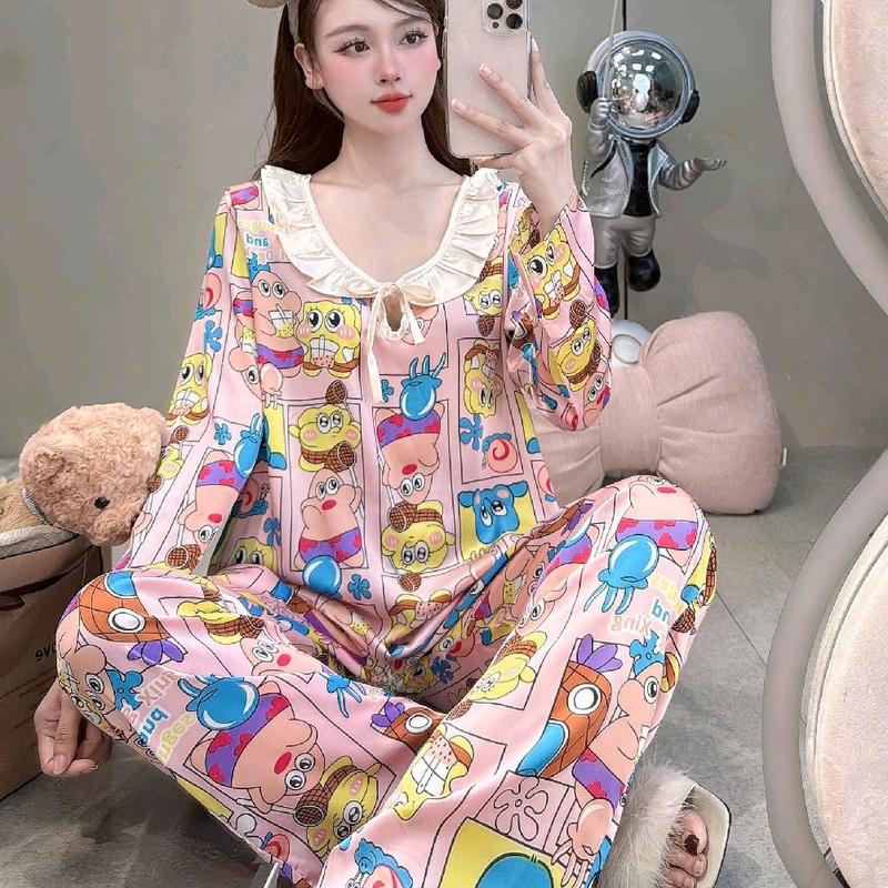 A - bộ pijama TAY DÀI QUẦN DÀI. LỤA XƯỚC VÂN CHỮ QUẢNG CHÂU Nữ Women Quần Ngủ Áo Ngủ [40-60kg tuỳ chiều cao và số đo 3 vòng)