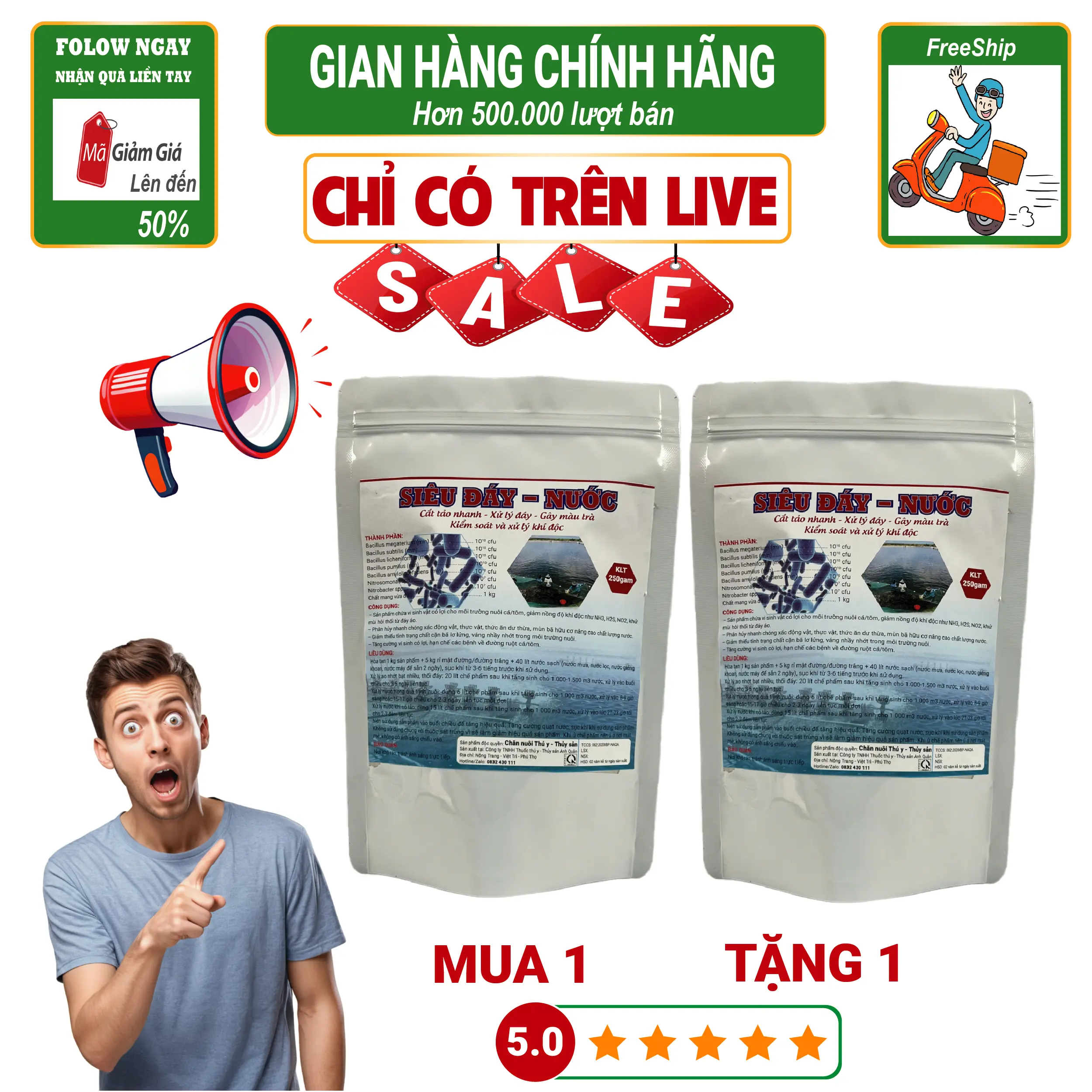 Live - Mua 1 Tặng 1 - Vi sinh Siêu Đáy - Nước 250gam - Cực kỳ hiệu quả cho nuôi tôm ao bạt - Tạo màu trà, xử lý rong rêu, nhớt bạt, thối đáy, phân hủy mùn bã hữu cơ dư thừa trong ao nuôi