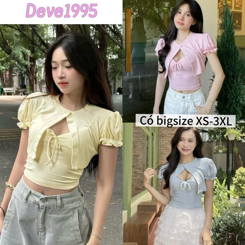SẴN ĐI HÀNG LUÔN Set 2 áo tay ngắn phồng bèo - áo khoác ngoài cardigan và áo hai dây đính nơ siêu dễ thương