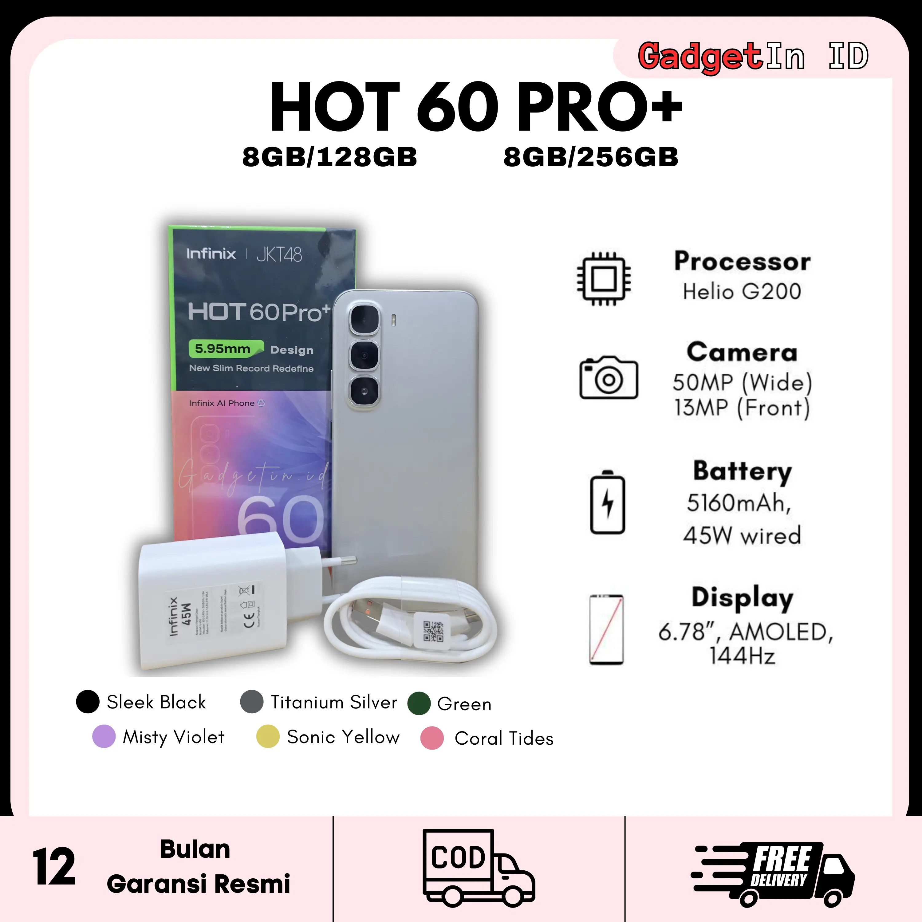 [Exclusive Gadgetasik] INFINIX Hot 60 Pro+ 8GB/256GB - 1.5K 144Hz 3D-Curved AMOLED - Helio G200 - Garansi Resmi