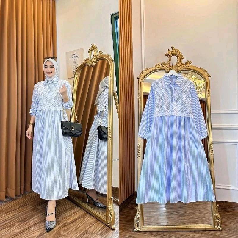 Long dress Tunik wanita Burkat Terbaru/Dress Tunik salur Ful kancing Kekinian/Tunik dress midi motif kombinasi Burkat Premium 5