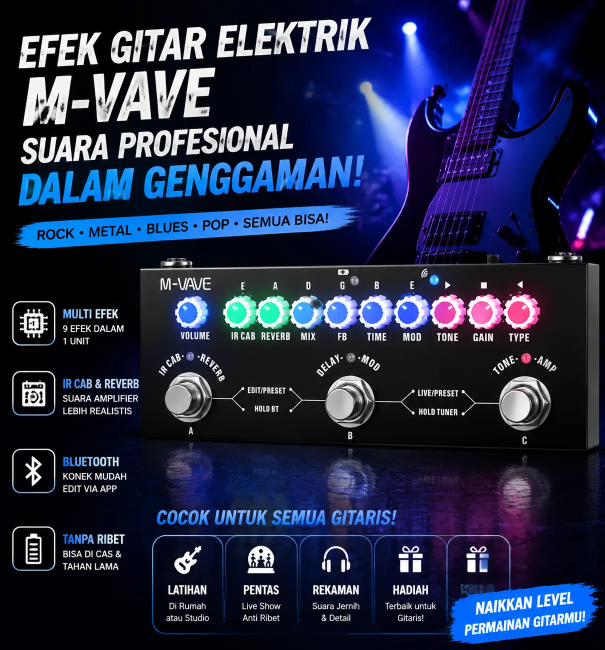COD Efek Gitar M-VAVE CUVAVE Cube Baby Soundcard Multi Effects Pedal Multi Efek Cuvave Muslady Reverb Guitar Rechargeable Portable Pedal Delay Electric Bass Acoustic