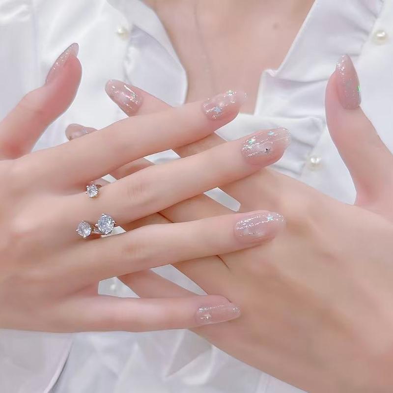 Mã B035-36 Nail Box Móng Tay Giả Màu Hồng Nude Mắt Mèo Họa Tiết Ngôi Sao Lấp Lánh Bộ Móng Ngắn Hạt Đậu Móng Oval Nhỡ Đơn Giản Trẻ Trung Xinh Xắn Dễ Thương