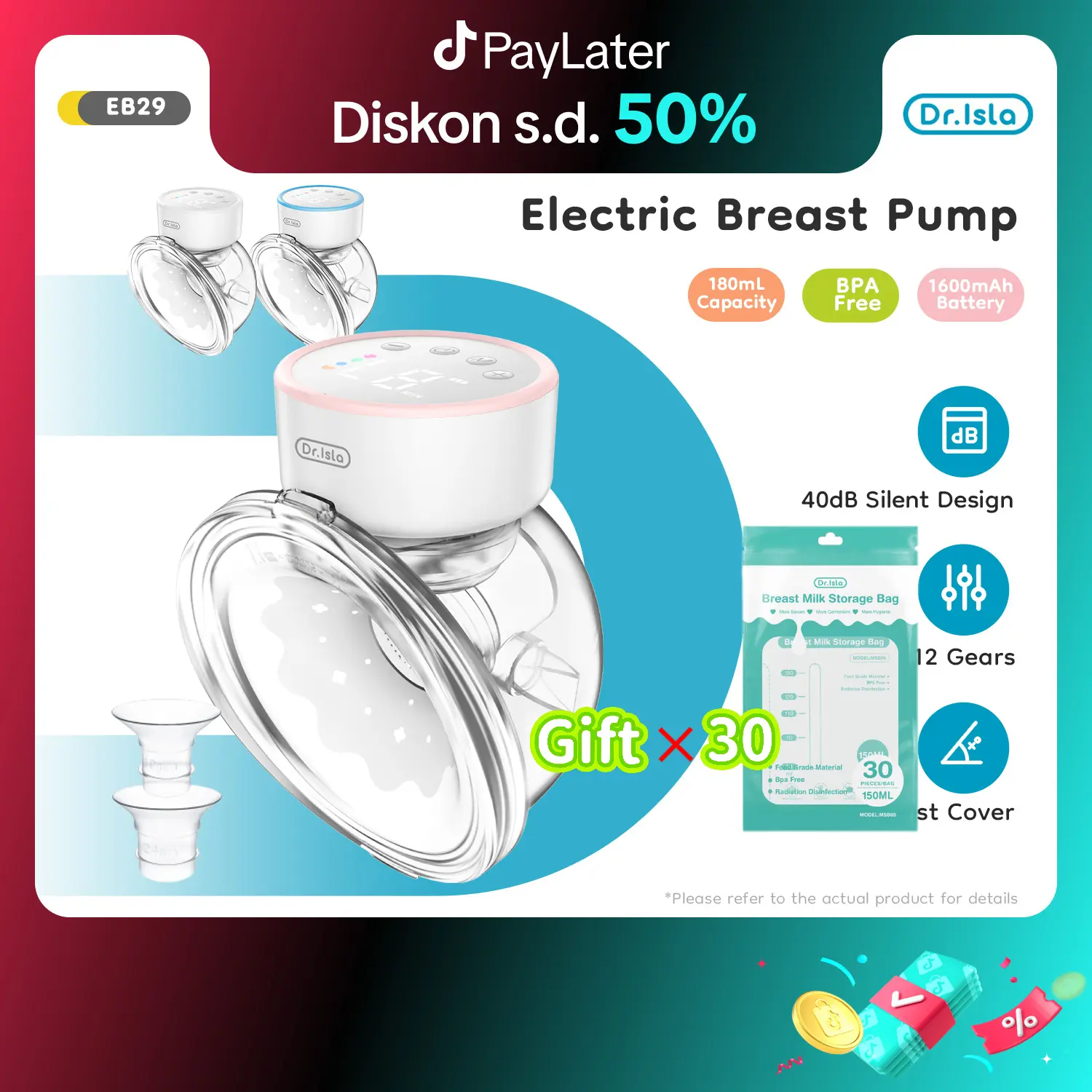 【Kantong ASI gratis】Dr.isla EB29（MY376 Upgraded Model） Pompa Asi Electric Handsfree 180ML Wireless Breast Pump 4 mode dan 12 Tingkat Penyesuaian Hisap BPA Free Pumping ASI Elektrik Ibu Bayi