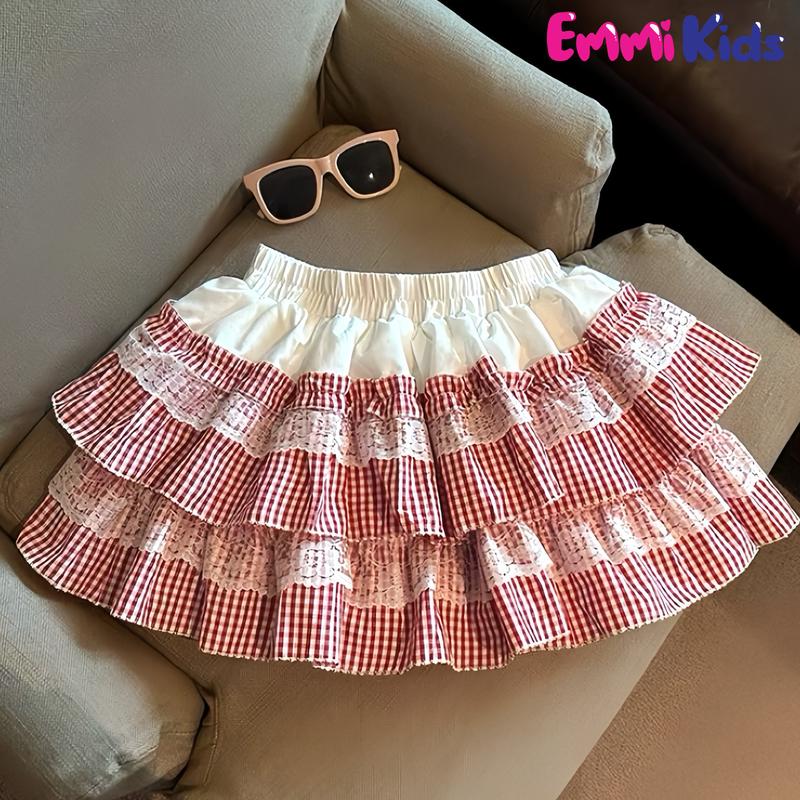   EMMIKIDS  -S05 Chân Váy Nhúng Tầng Cho Bé Gái mặc Hằng Ngày Họa Tiết Caro Phối Ren Size 1-16 