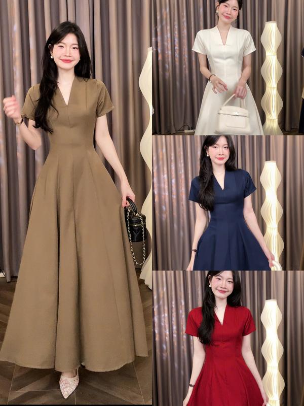Đầm Cổ Thiết Kế V Có Tay Dáng Dài | Tũm Clothing