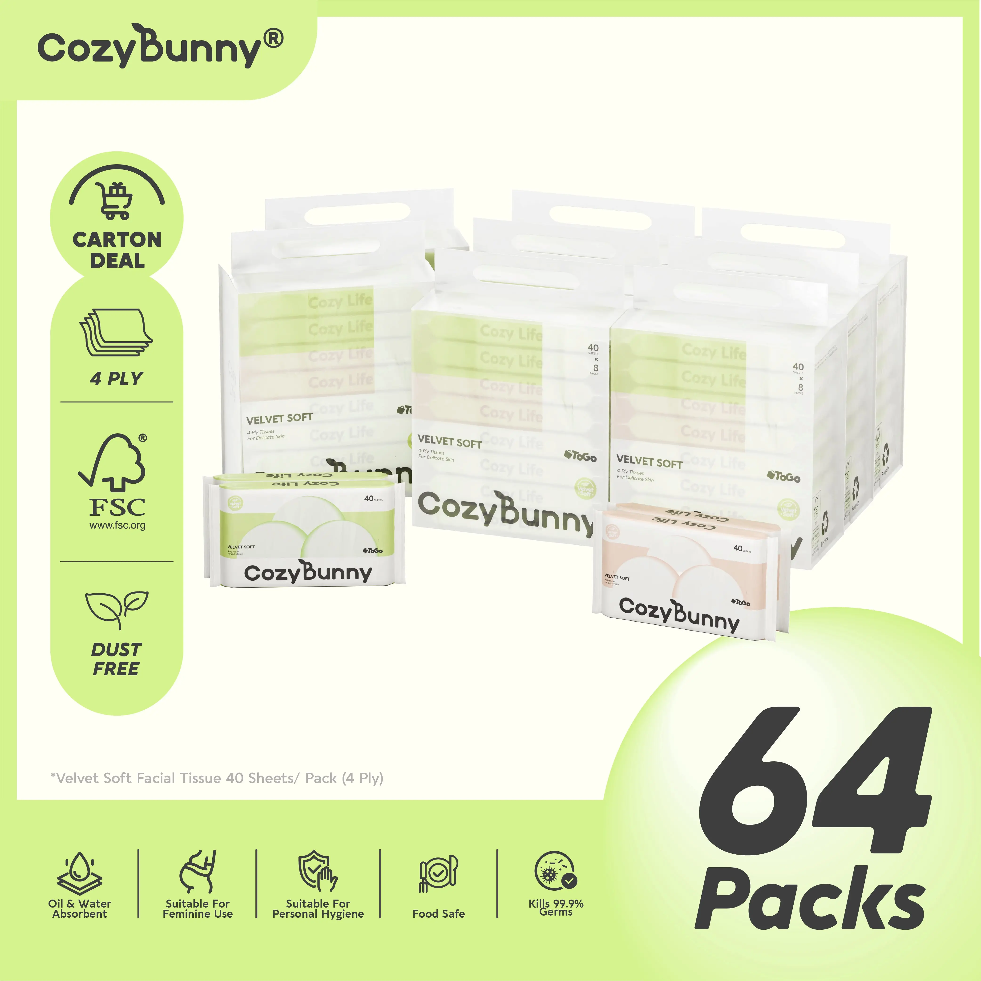 CozyBunny Velvet Soft Facial Tissues (To-Go) 8 Bags x 8 Packs x 40 Sheets (4 Ply) CARTON DEAL (Total 64 packs) facial  tissue Comfortable Disposable Household mini tissue tissue  paper