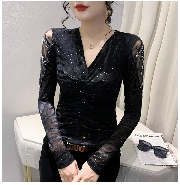Product Introduction of FCBF-Áo lưới kim cương rỗng thời trang mới gợi cảm cổ chữ V dài tay quần lót thời trang nữ thu đông Top Voi Shirt Kem Women 16