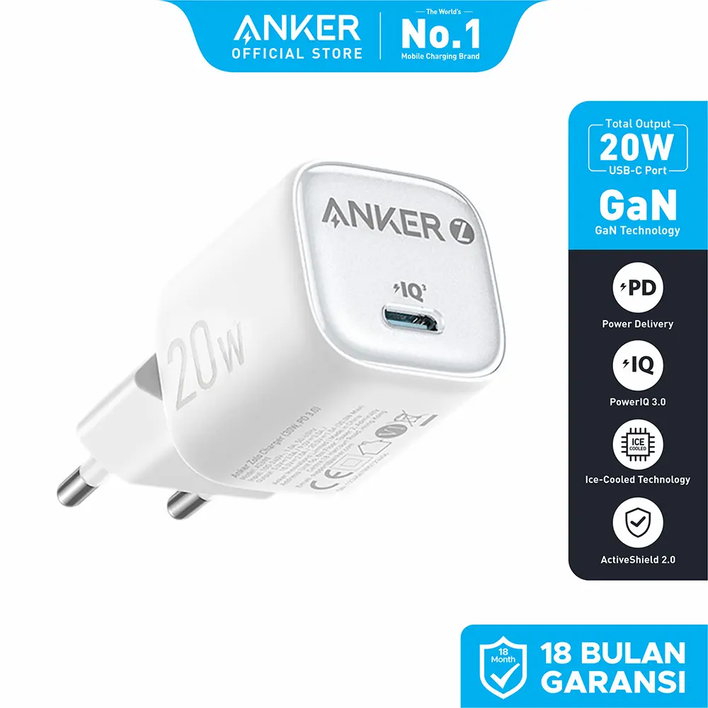 Anker Wall Charger GaN Adaptor USB Type C Lightning MFi Fast Charging PD for iPhone 20W Ice-Cooled bundle Kabel - 20W