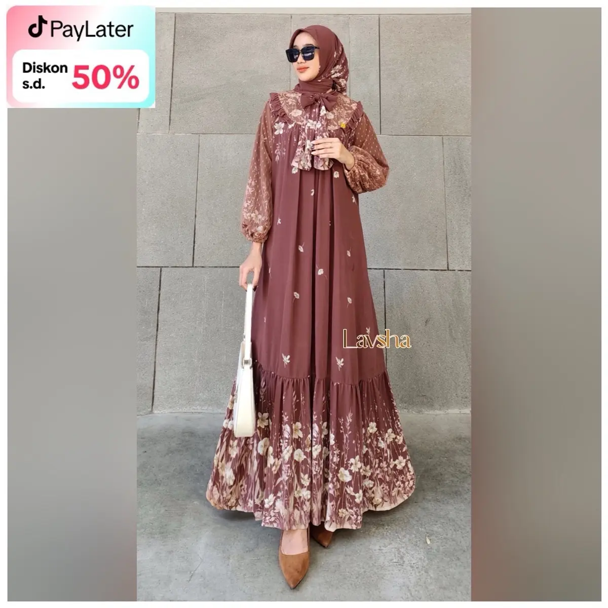 Ameena Set Hijab Segiempat Bahan Ceruty Babydoll Printing Motif Dress Gamis Wanita Muslim Mewah
