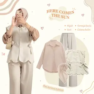 Setcel Wanita Kekinian One Set ( Kemeja Polos, Celana Knit, Kerudung Segi Empat, Vest Cherish ) - LN175