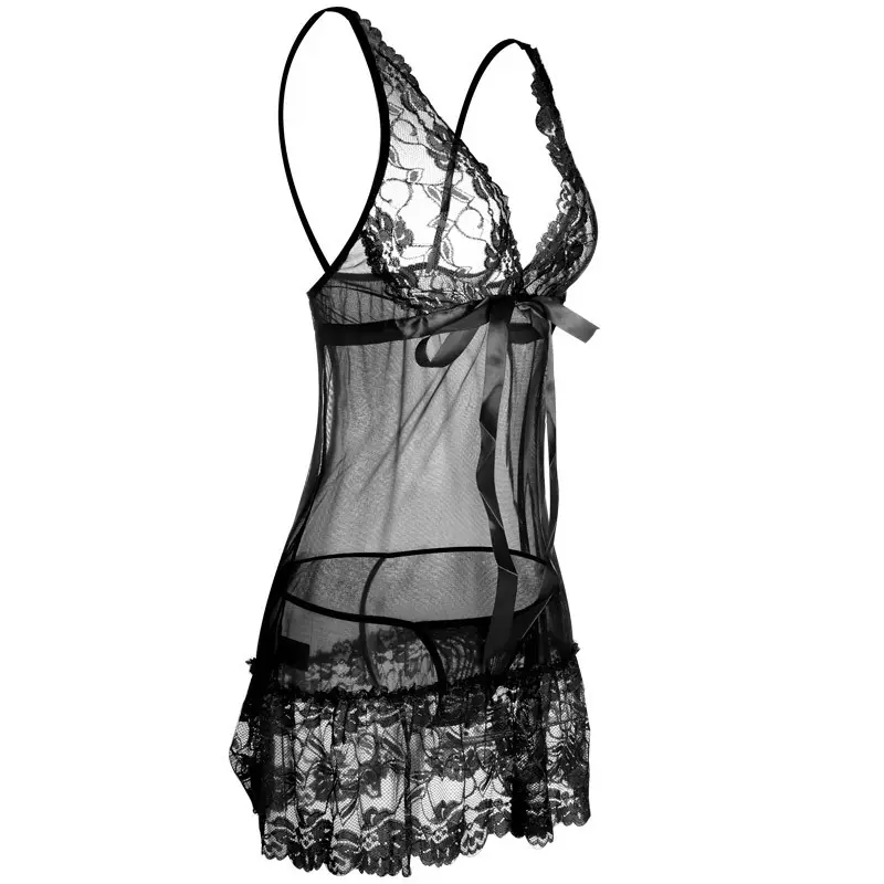 Gaun Malam Wanita Renda Transparan DressLingerie Motif Bunga Fit Tidur 1177 0