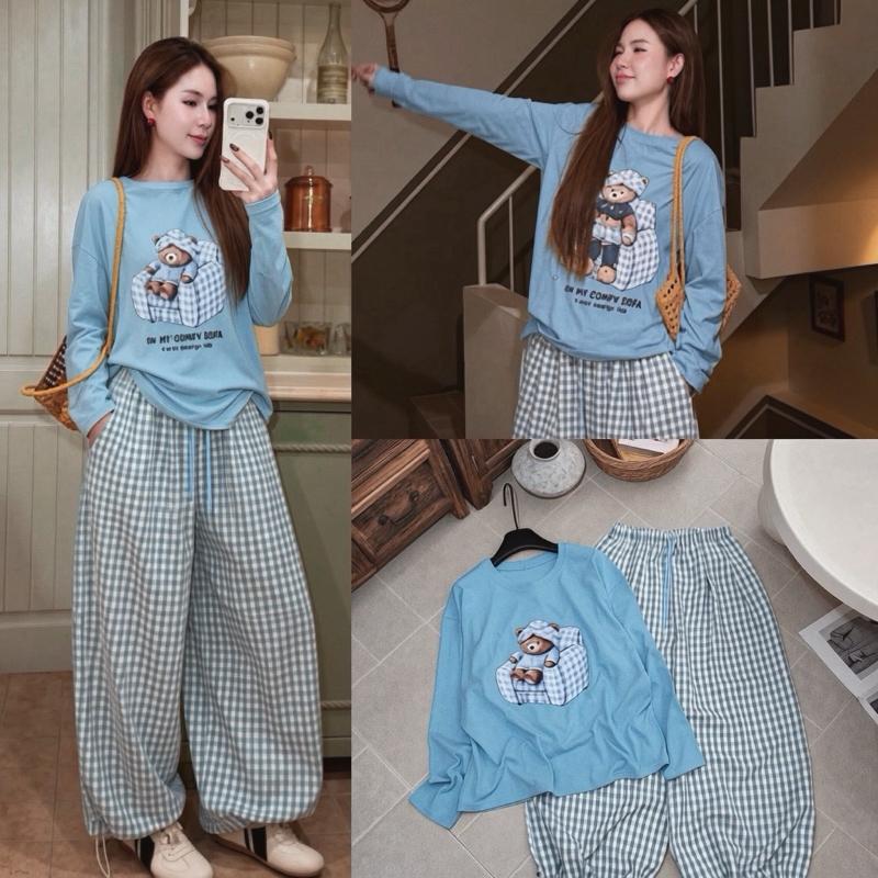Sét Áo Thun Hoạ Tiết Gấu Mix Quần Thụng Kẻ Dành Cho Nữ Mặc Thu Đông by T.LINH ST