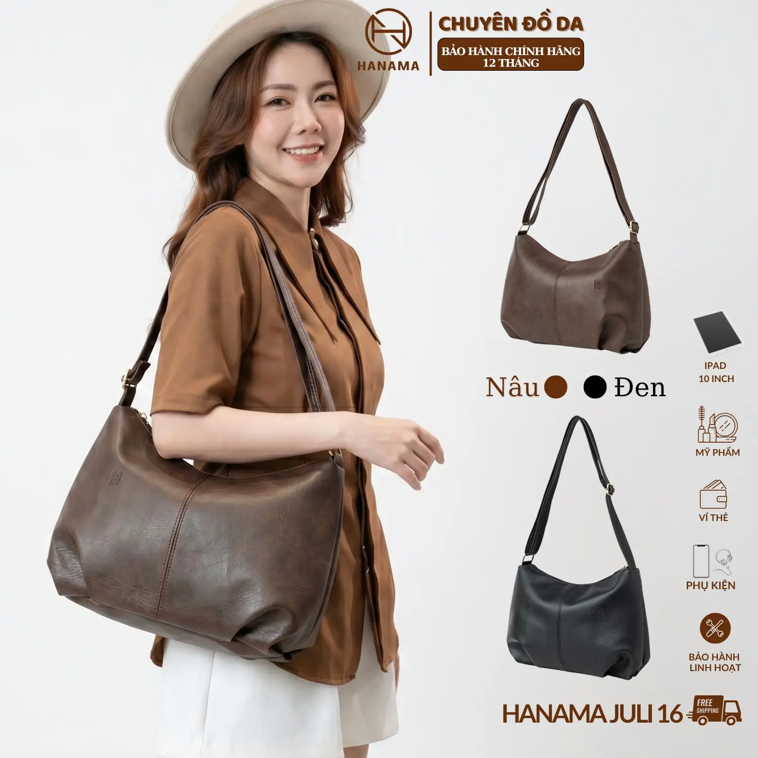 [DAILY_HANAMA]_Hanama Túi Tote Basic JULI -16 Da Bag Đen Nâu Size 38cm Chất Liệu PU Bền Đẹp Dễ Vệ Sinh Phù Hợp Đi Làm Đi Học Đi Chơi