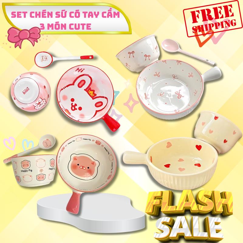 SET 3 MÓN: BÁT SỨ CÓ TAY CẦM + BÁT ĂN CƠM + THÌA SỨ COMBO CHÉN SỨ CÓ TAY CẦM CHÉN ĂN CƠM THÌA SỨ ĐÁNG YÊU CHO BÉ