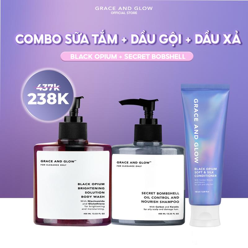 Combo Làm Sạch Grace And Glow Sữa Tắm Dầu Gội Dầu Xả Black Opium 400ml + 400ml + 400ml