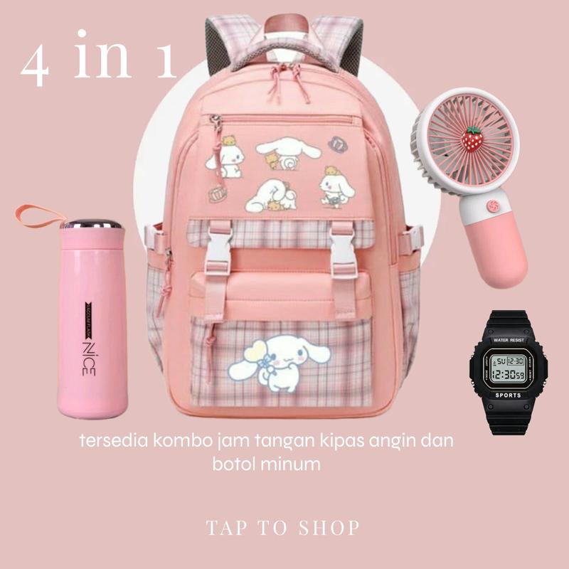 TAS RANSEL SEKOLAH ANAK PEREMPUAN SD SMP SMA CINNAMOROL COMBO JAM TANGAN KIPAS BOTOL MINUM DAN GANCI 4