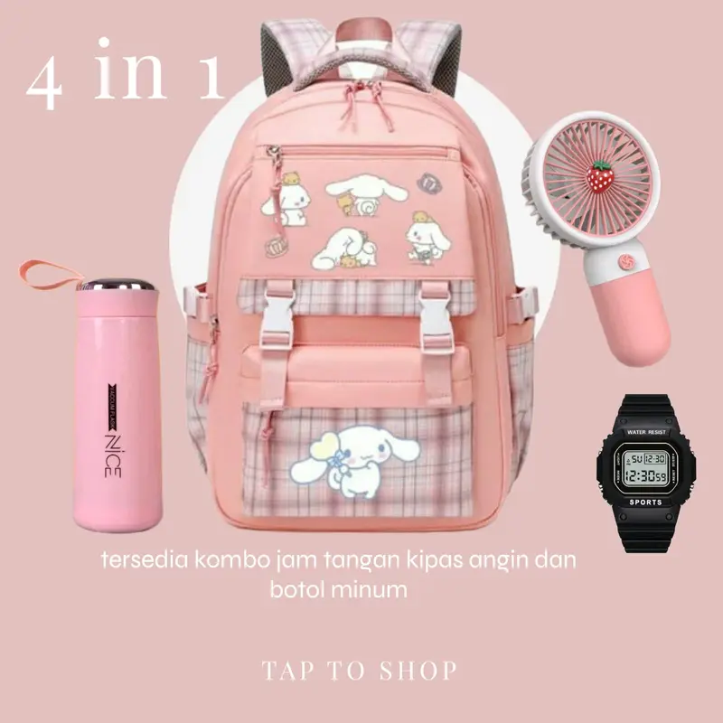 TAS RANSEL SEKOLAH ANAK PEREMPUAN SD SMP SMA CINNAMOROL COMBO JAM TANGAN KIPAS BOTOL MINUM DAN GANCI 4