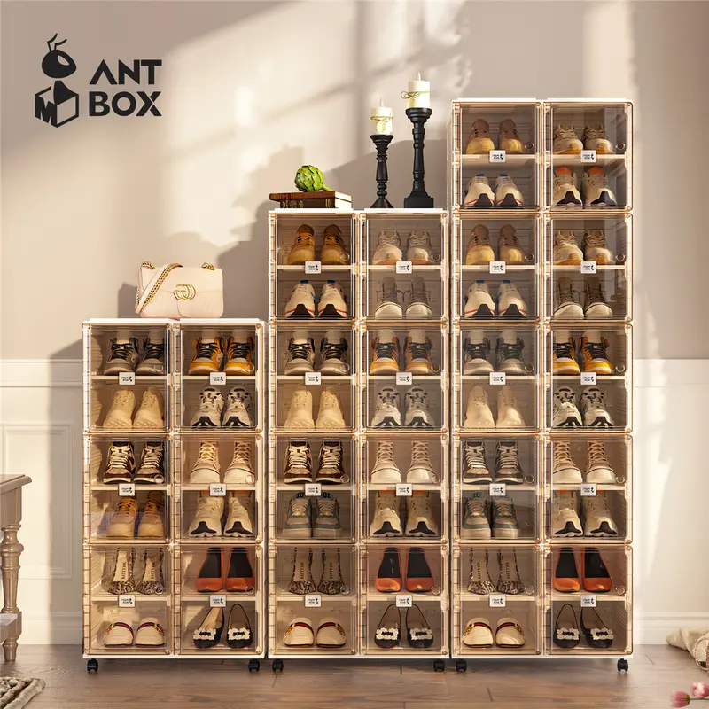 【ANTBOX】 Rak Sepatu 2Tingkat Transparan Kotak Sepatu Lipat Minimalis dari Akrilik untuk Penyimpanan Serbaguna Penyimpanan Lemari Sepatu Plastik Anti Debu dan Mudah Bongkar Pasang Kapasitas Besar 6Susun untuk Rumah dan Kantor Organizer Estetik dan Praktis! 2