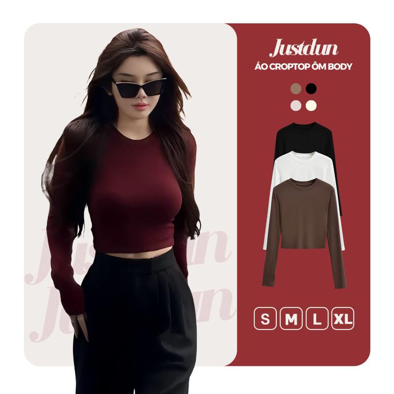  Áo Thun Nữ Dài Tay Croptop JUSTDUN CT25 – Dáng Ôm Body Chất Liệu Cotton Mịn Mềm Co Giãn Thoải Mái 
