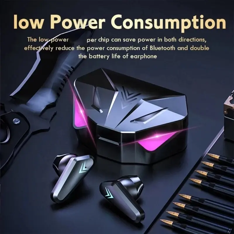 Tai nghe chơi game không dây thực sự Bluetooth, X15, Chế độ chơi game âm Nhạc, Độ trễ thấp, Tuổi thọ pin cao, Tương thích với Apple và Android, Có Micro để gọi điện, Đèn thở thể thao điện tử