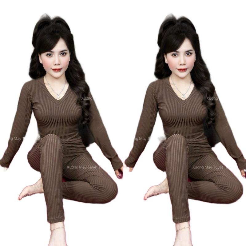 Set Bộ CỔ TIM TAY DÀI - QUẦN BAGGY ,Chất liệu vải gân đũa lạnh Đồ Bộ Nữ Top Women Size từ 38-90kg