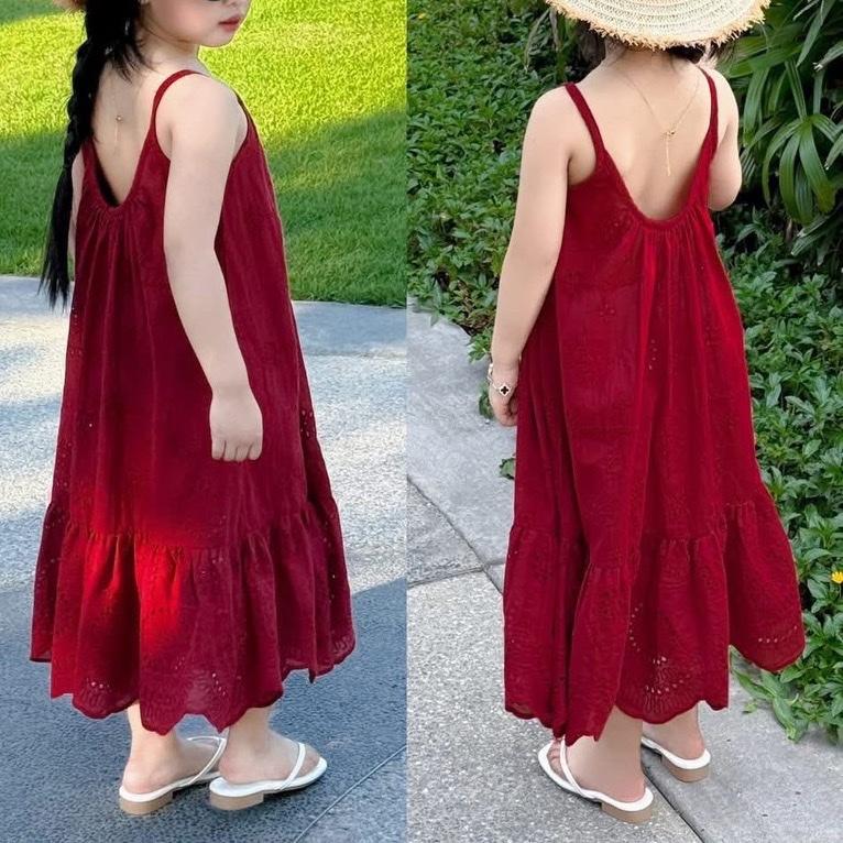 V00-không tặnng mũ + Váy Maxi Hai Dây Đũi Boi Thêu Hoa đỏ có bo chun lưng dáng xoè sang đẹp cho bé gái ( 11-37kg)