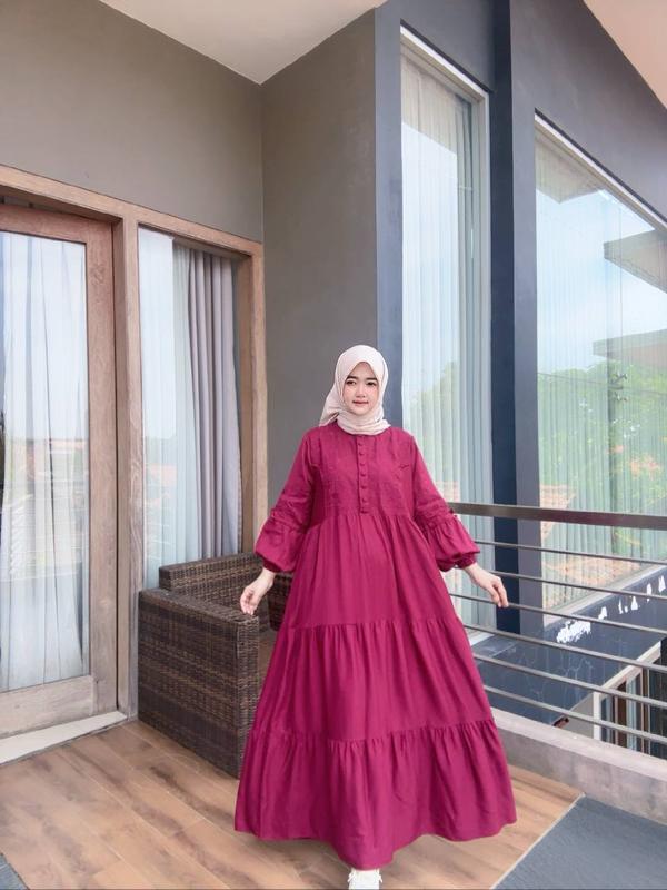 Gamis Slavina Bordir Busui Kancing Muslim Wanita Simple Elegant Mayung Twill Nyaman Rempel Cantik 1