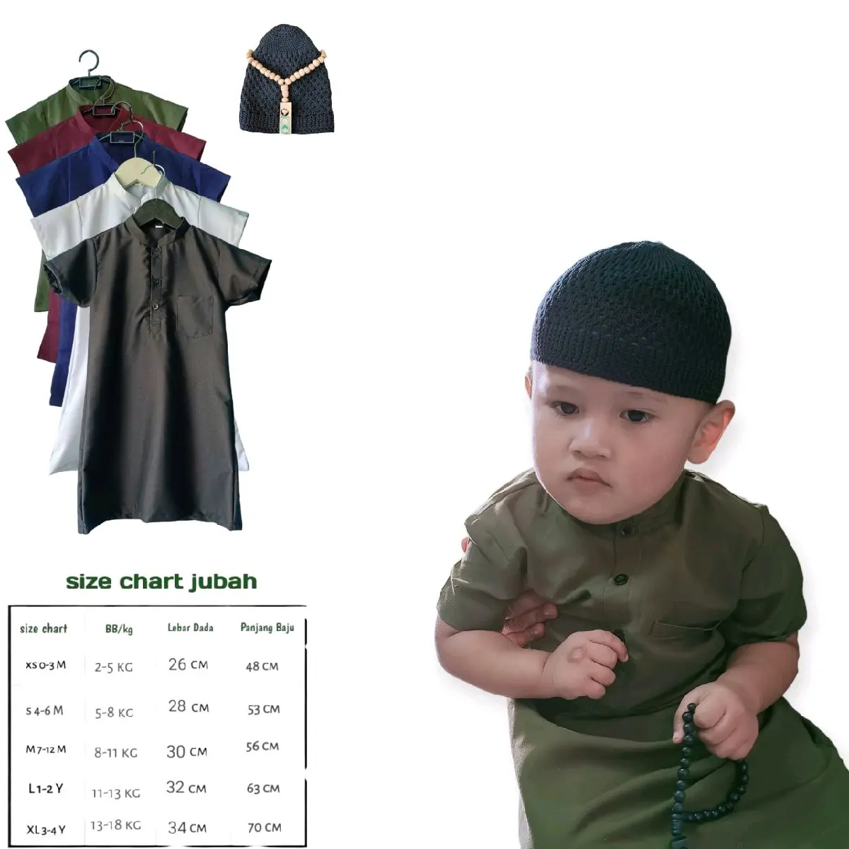 Jubah Bayi Anak Laki-Laki 0-4 Tahun Gratis Kopeah Peci + Tasbih Kayu - Muslim Koko Gamis Baju Cowok Kain Katun  Toyobo Lembut Panjang Kancing Nyaman top