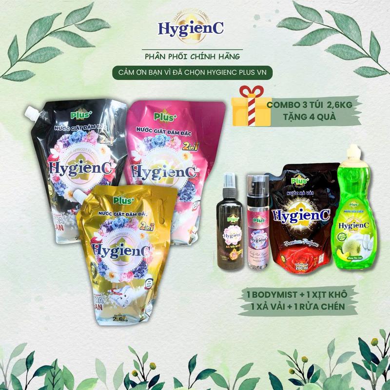 [TẶNG 4 PHẦN QUÀ] Combo 3 Túi Nước giặt HygienC Plus (2600ml/Túi) công nghệ Thái Lan thơm ngát, làm sạch - (QUÀ: 1 Chai bodymist 105ml màu ngãu nhiên + 1 Túi Xả Vải 200ml + 1 Nước Rửa Chén 400gr + 1 Xịt Khô 100ml)