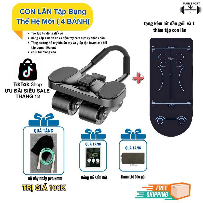   Siêu Sale Tháng 12   CON LĂN TẬP BỤNG 4 Bánh THẾ HỆ MỚI 2025 - Trợ Lực Tập Bụng - Tập GYM - Eo   Tặng Kèm Thảm Tập Con Lăn và lót đầu gối + Đồng Hồ Bấm Giờ   dung cutap bung Tập Cơ Bụng Cao Su 