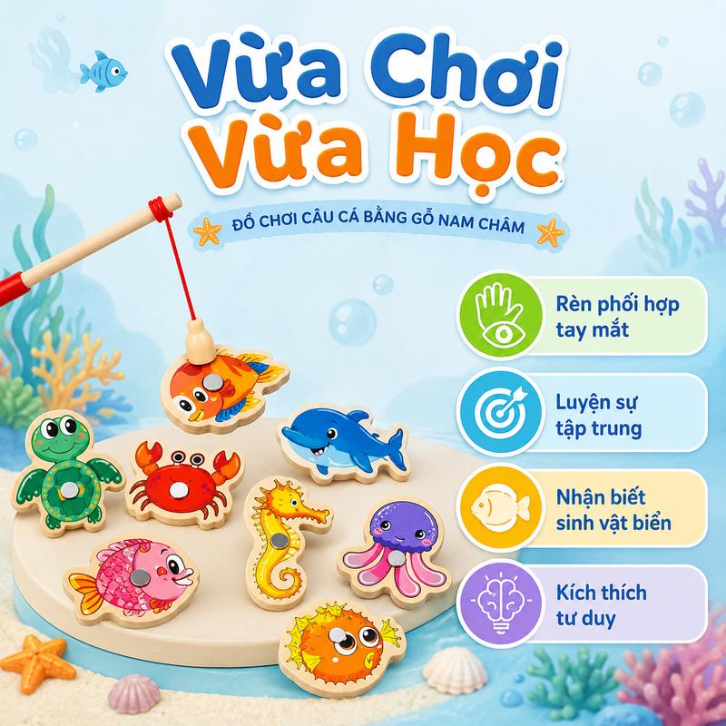 Bộ Đồ Chơi Câu Cá Đại Dương Cho Bé, Chất Liệu Gỗ Dày Dặn, Hình In Rõ Nét, Dễ Cầm Nắm