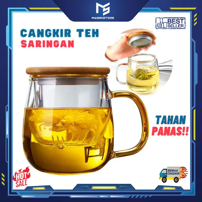Gelas Saringan Rempah Teh Safron Herbal Cangkir Glass Cup Tea Infuser Filter